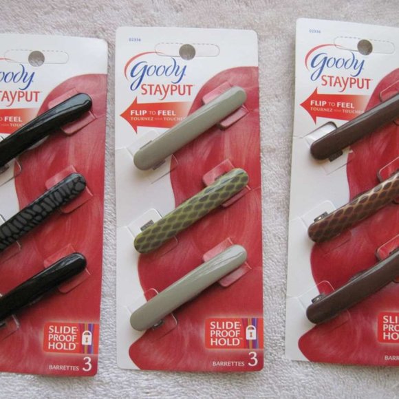 3 Goody Stay Put Slide Proof Hair Barrettes Secure Back Clips Blonde Black Brown - Picture 1 of 12